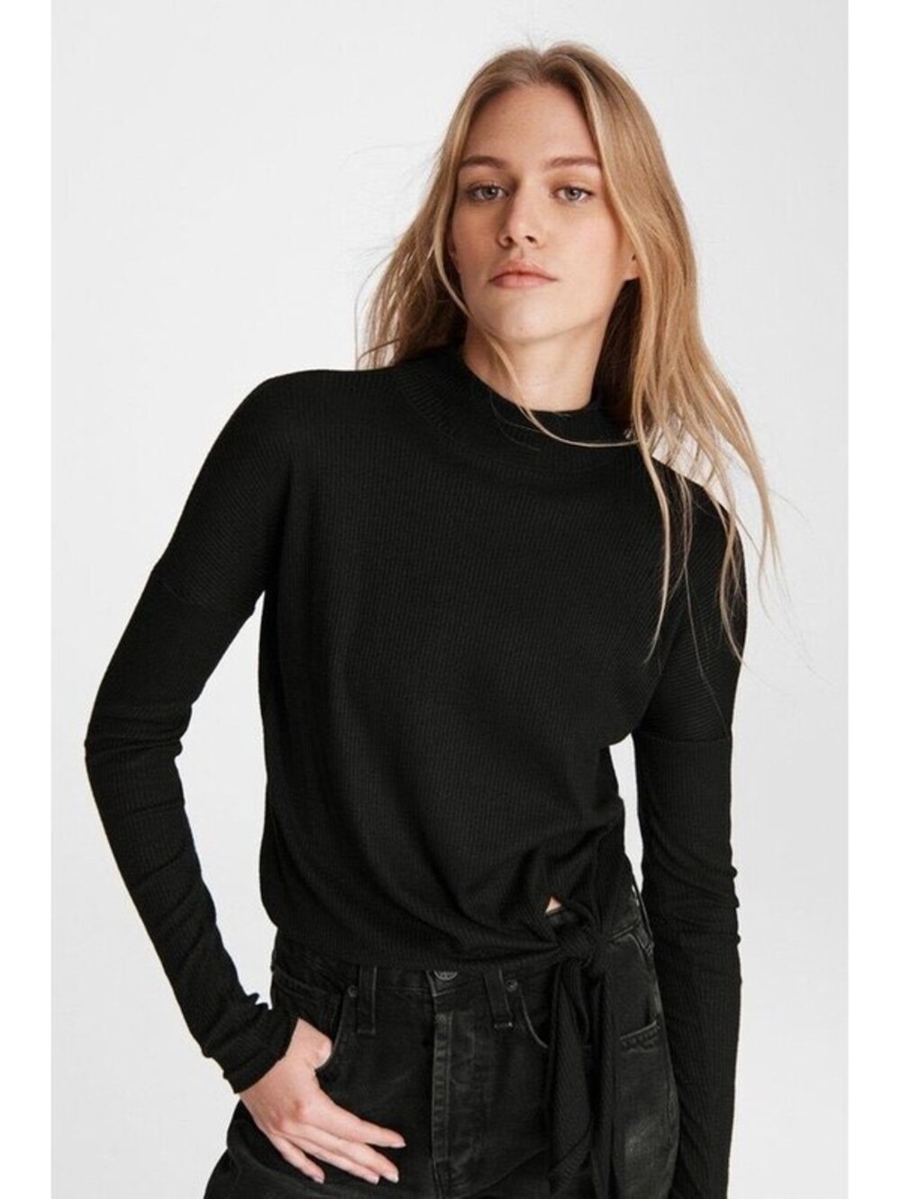 Rag & Bone Black Long Sleeve Ribbed Knit Top with Side Tie Detail